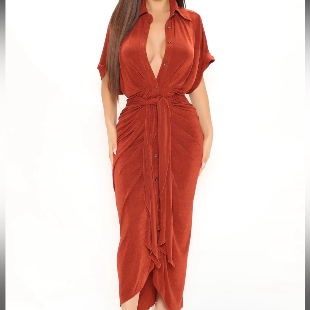 Rust Ruched Midi Dress